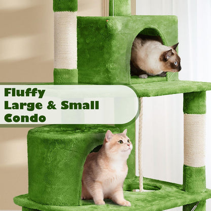 62.5inches Cat Tree Cat Tower Kitten Condo with Platform & Hammock, Scratching Posts for Kittens Pet Play House with Plush Perch for Indoor Activity Relaxing, Green