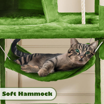 62.5inches Cat Tree Cat Tower Kitten Condo with Platform & Hammock, Scratching Posts for Kittens Pet Play House with Plush Perch for Indoor Activity Relaxing, Green
