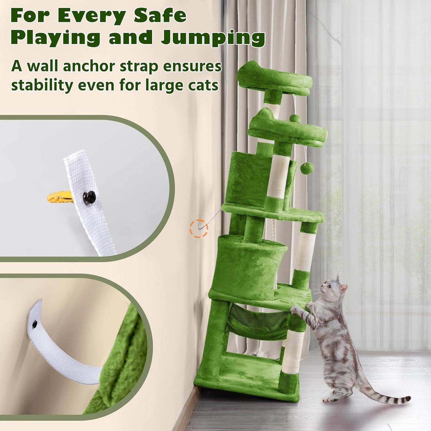 62.5inches Cat Tree Cat Tower Kitten Condo with Platform & Hammock, Scratching Posts for Kittens Pet Play House with Plush Perch for Indoor Activity Relaxing, Green