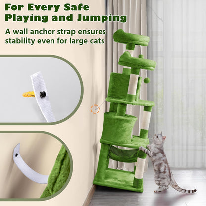 62.5inches Cat Tree Cat Tower Kitten Condo with Platform & Hammock, Scratching Posts for Kittens Pet Play House with Plush Perch for Indoor Activity Relaxing, Green