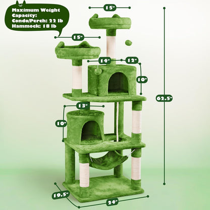62.5inches Cat Tree Cat Tower Kitten Condo with Platform & Hammock, Scratching Posts for Kittens Pet Play House with Plush Perch for Indoor Activity Relaxing, Green