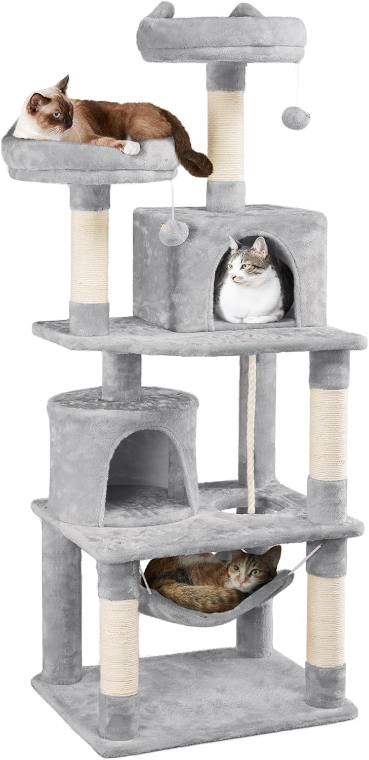 62.5inches Cat Tree Cat Tower Kitten Condo with Platform & Hammock, Scratching Posts for Kittens Pet Play House with Plush Perch for Indoor Activity Relaxing, Green