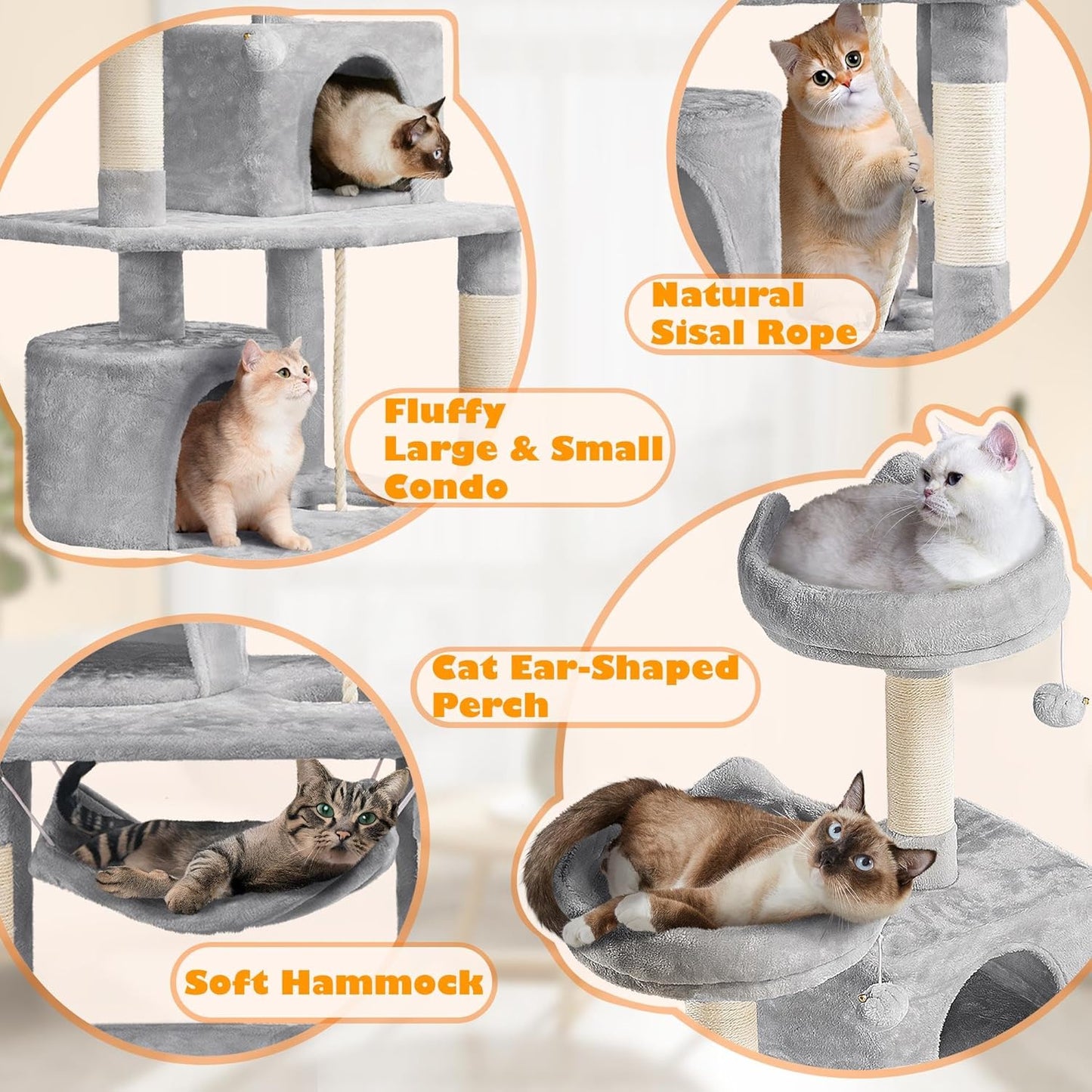 62.5inches Cat Tree Cat Tower Kitten Condo with Platform & Hammock, Scratching Posts for Kittens Pet Play House with Plush Perch for Indoor Activity Relaxing, Green