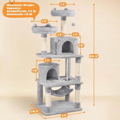 62.5inches Cat Tree Cat Tower Kitten Condo with Platform & Hammock, Scratching Posts for Kittens Pet Play House with Plush Perch for Indoor Activity Relaxing, Green