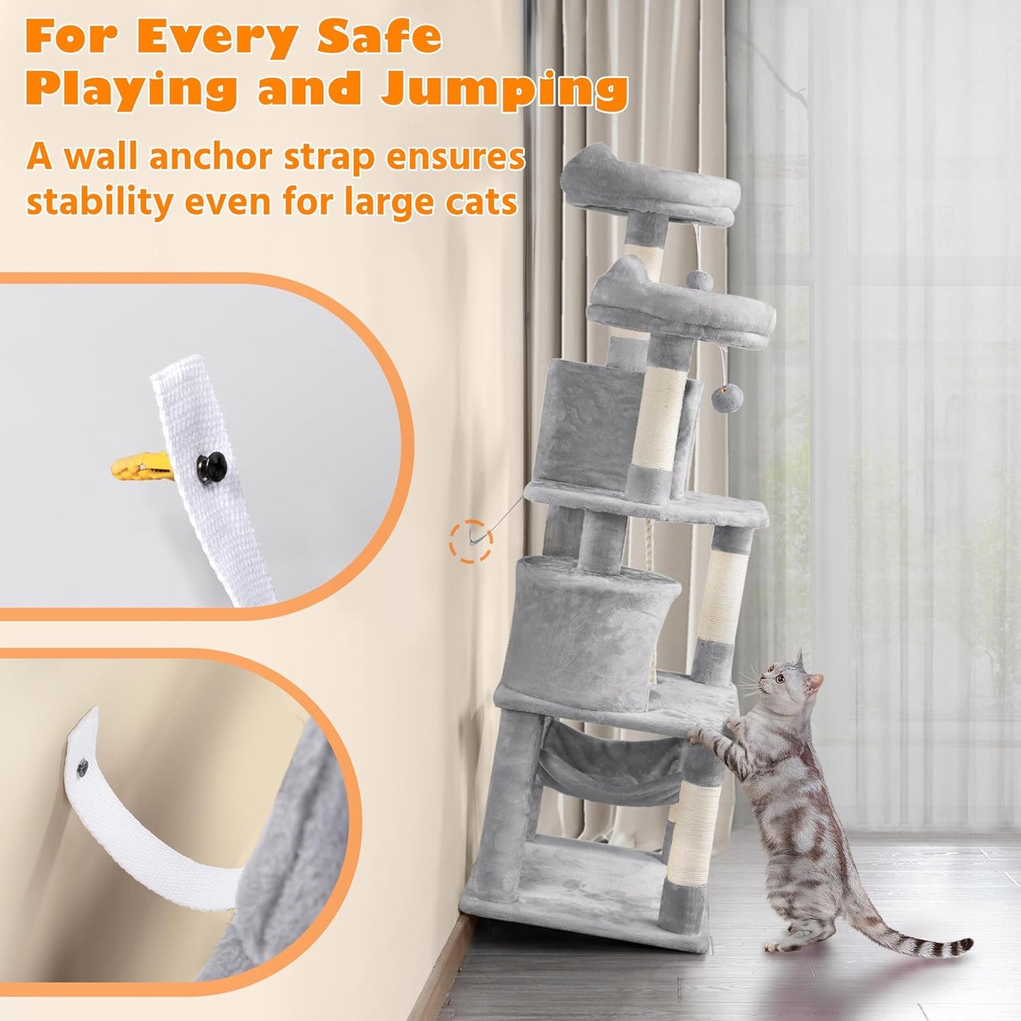 62.5inches Cat Tree Cat Tower Kitten Condo with Platform & Hammock, Scratching Posts for Kittens Pet Play House with Plush Perch for Indoor Activity Relaxing, Green