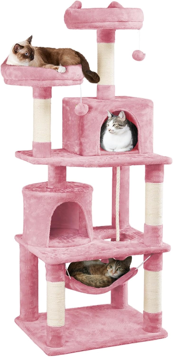 62.5inches Cat Tree Cat Tower Kitten Condo with Platform & Hammock, Scratching Posts for Kittens Pet Play House with Plush Perch for Indoor Activity Relaxing, Green