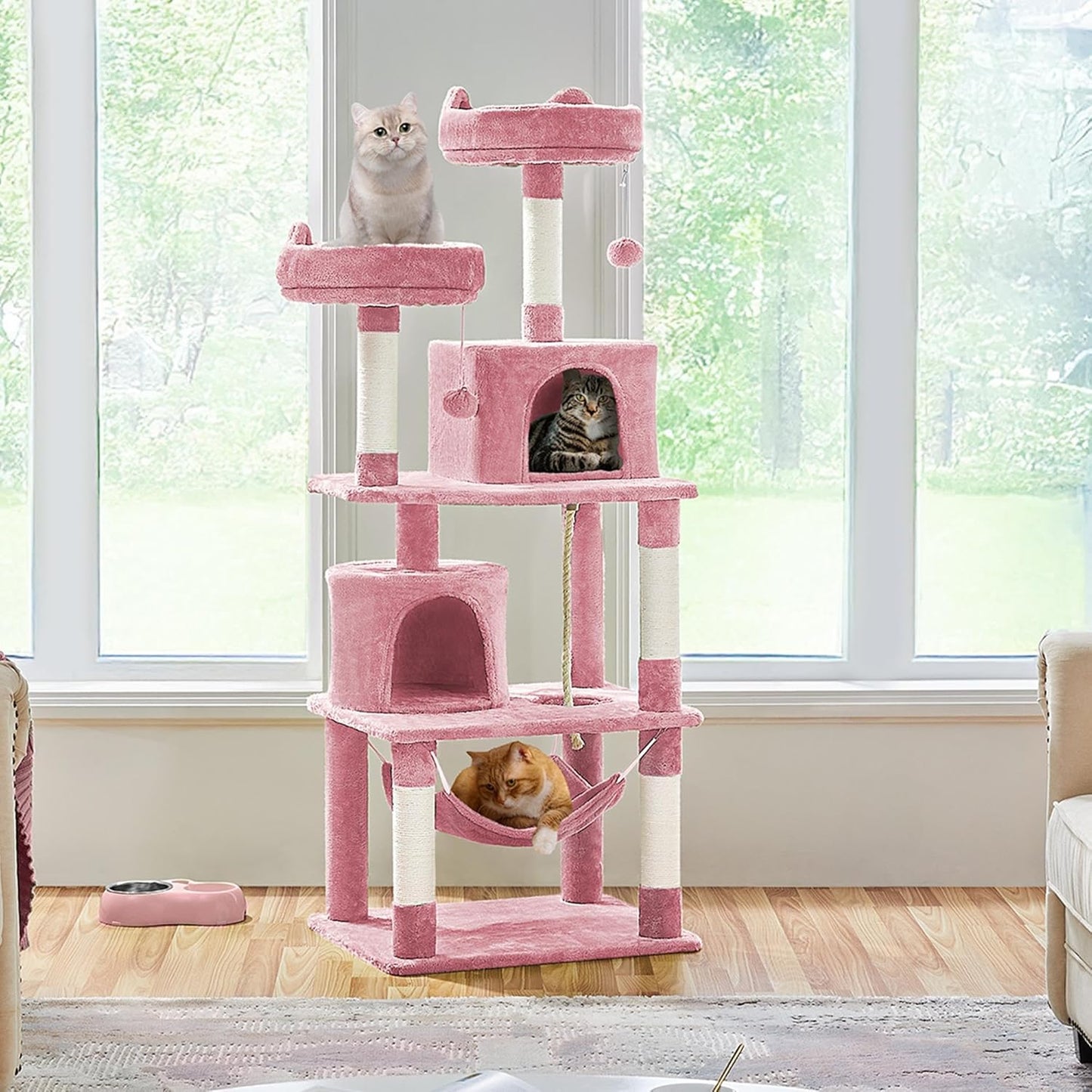 62.5inches Cat Tree Cat Tower Kitten Condo with Platform & Hammock, Scratching Posts for Kittens Pet Play House with Plush Perch for Indoor Activity Relaxing, Green
