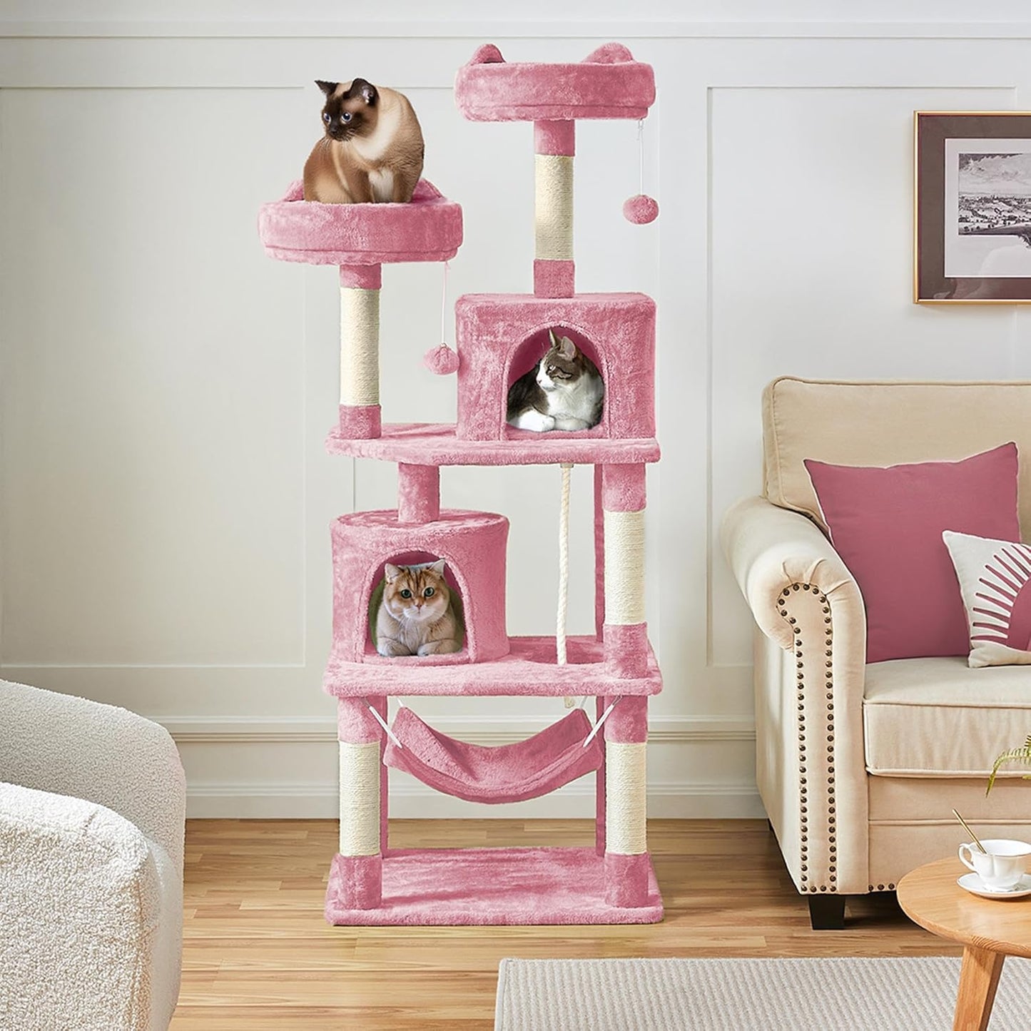 62.5inches Cat Tree Cat Tower Kitten Condo with Platform & Hammock, Scratching Posts for Kittens Pet Play House with Plush Perch for Indoor Activity Relaxing, Green