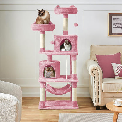 62.5inches Cat Tree Cat Tower Kitten Condo with Platform & Hammock, Scratching Posts for Kittens Pet Play House with Plush Perch for Indoor Activity Relaxing, Green