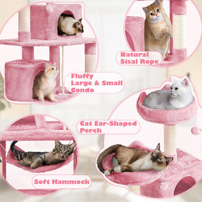 62.5inches Cat Tree Cat Tower Kitten Condo with Platform & Hammock, Scratching Posts for Kittens Pet Play House with Plush Perch for Indoor Activity Relaxing, Green