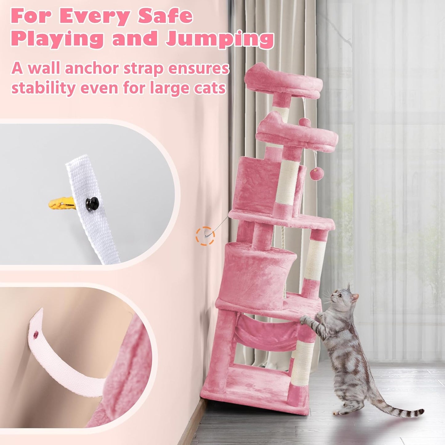 62.5inches Cat Tree Cat Tower Kitten Condo with Platform & Hammock, Scratching Posts for Kittens Pet Play House with Plush Perch for Indoor Activity Relaxing, Green