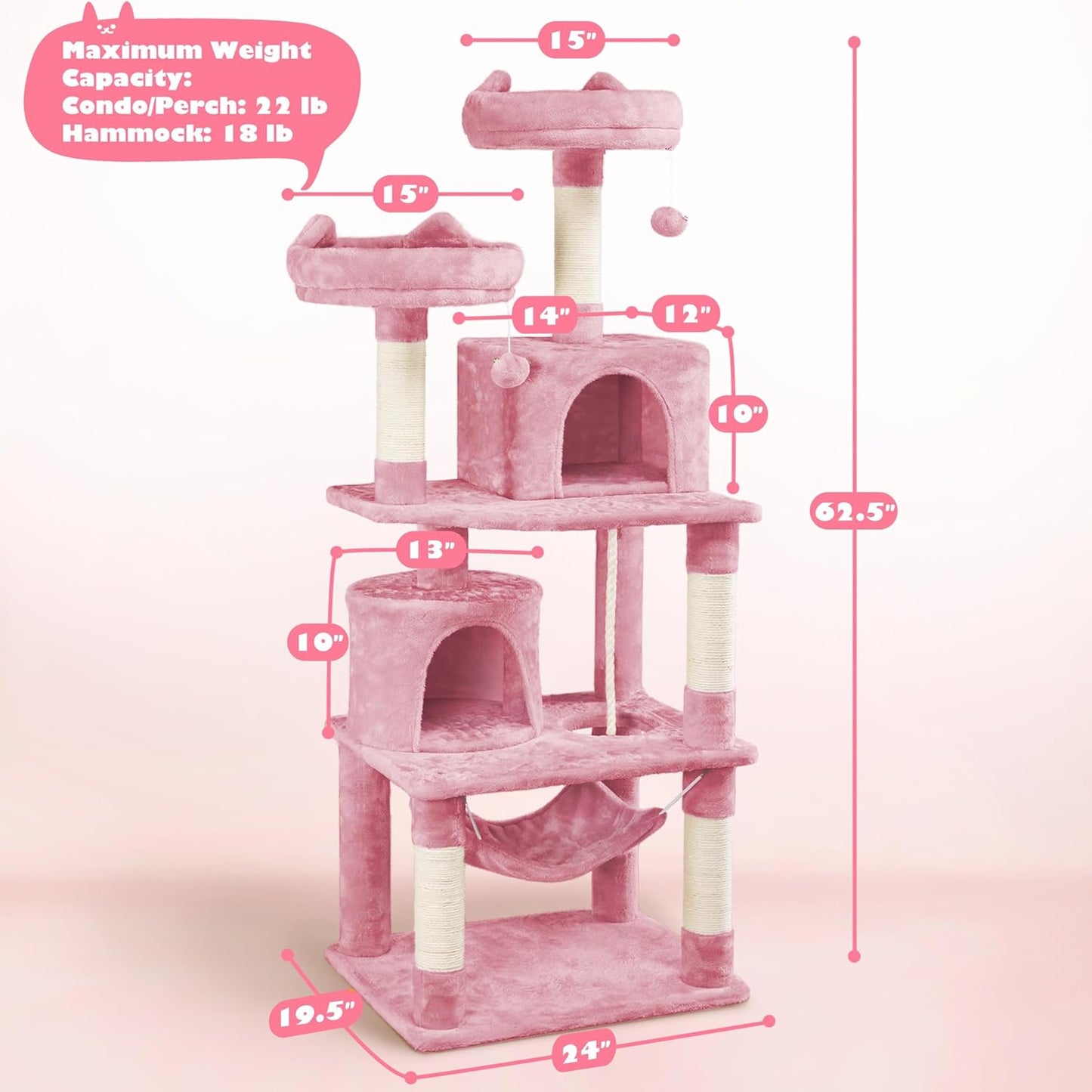 62.5inches Cat Tree Cat Tower Kitten Condo with Platform & Hammock, Scratching Posts for Kittens Pet Play House with Plush Perch for Indoor Activity Relaxing, Green