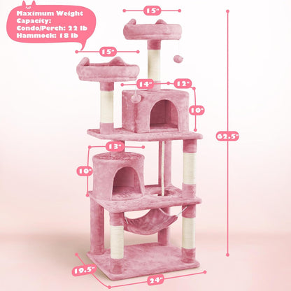 62.5inches Cat Tree Cat Tower Kitten Condo with Platform & Hammock, Scratching Posts for Kittens Pet Play House with Plush Perch for Indoor Activity Relaxing, Green