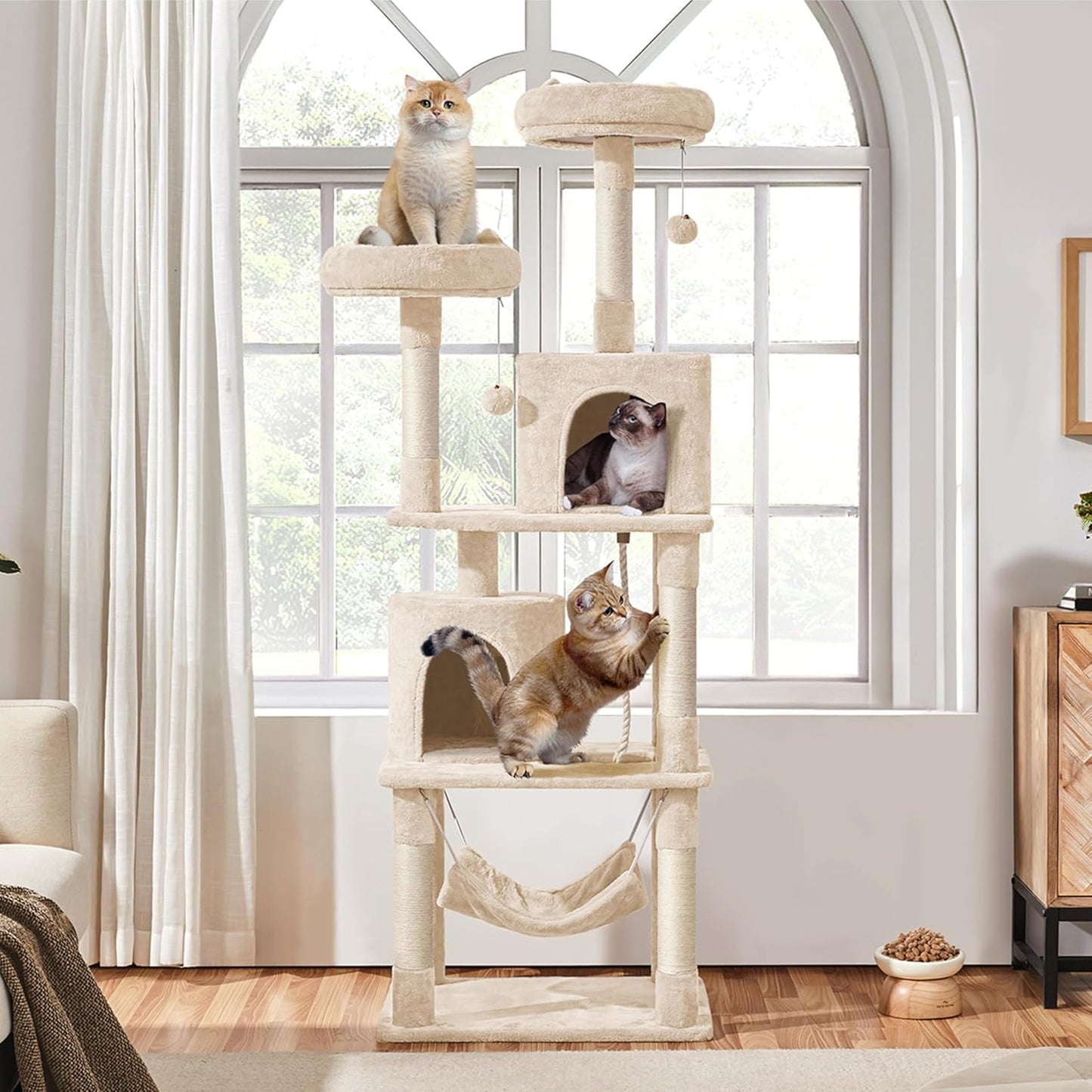 62.5inches Cat Tree Cat Tower Kitten Condo with Platform & Hammock, Scratching Posts for Kittens Pet Play House with Plush Perch for Indoor Activity Relaxing, Green
