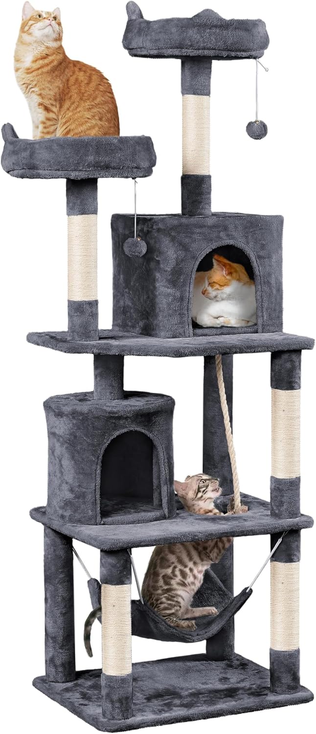 62.5inches Cat Tree Cat Tower Kitten Condo with Platform & Hammock, Scratching Posts for Kittens Pet Play House with Plush Perch for Indoor Activity Relaxing, Green