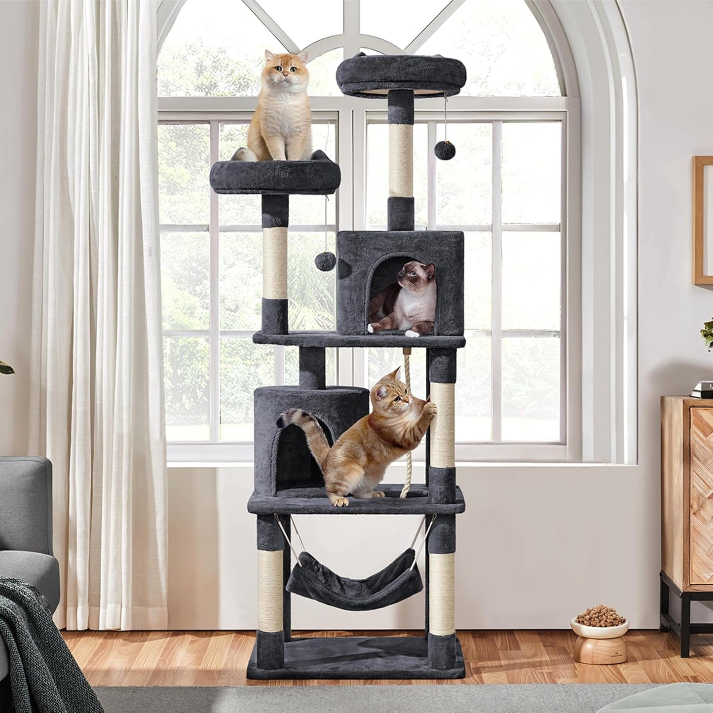62.5inches Cat Tree Cat Tower Kitten Condo with Platform & Hammock, Scratching Posts for Kittens Pet Play House with Plush Perch for Indoor Activity Relaxing, Green