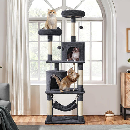 62.5inches Cat Tree Cat Tower Kitten Condo with Platform & Hammock, Scratching Posts for Kittens Pet Play House with Plush Perch for Indoor Activity Relaxing, Green