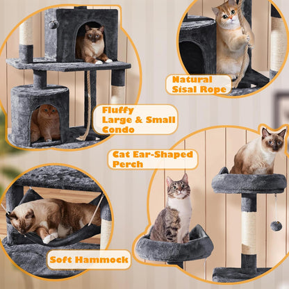 62.5inches Cat Tree Cat Tower Kitten Condo with Platform & Hammock, Scratching Posts for Kittens Pet Play House with Plush Perch for Indoor Activity Relaxing, Green