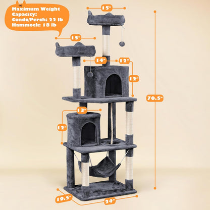 62.5inches Cat Tree Cat Tower Kitten Condo with Platform & Hammock, Scratching Posts for Kittens Pet Play House with Plush Perch for Indoor Activity Relaxing, Green