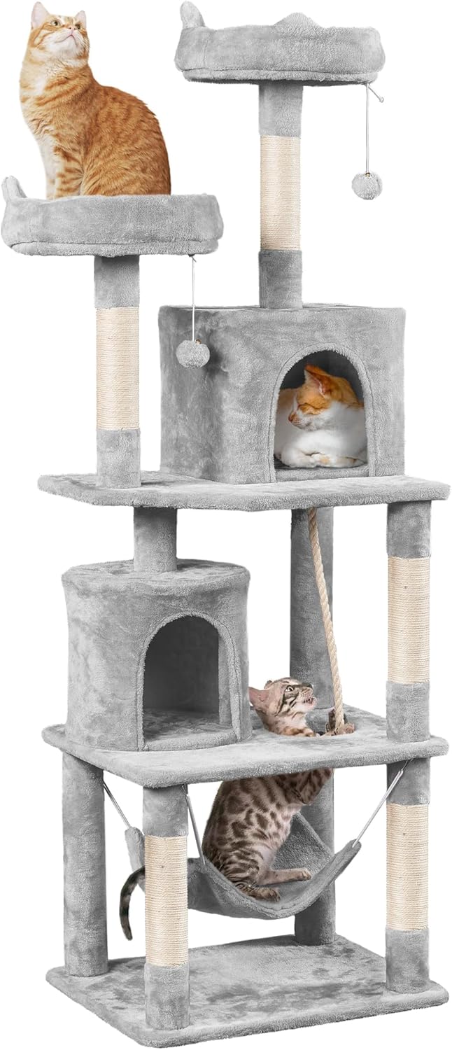 62.5inches Cat Tree Cat Tower Kitten Condo with Platform & Hammock, Scratching Posts for Kittens Pet Play House with Plush Perch for Indoor Activity Relaxing, Green