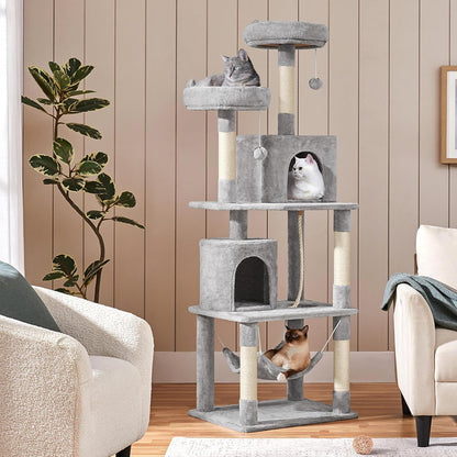 62.5inches Cat Tree Cat Tower Kitten Condo with Platform & Hammock, Scratching Posts for Kittens Pet Play House with Plush Perch for Indoor Activity Relaxing, Green