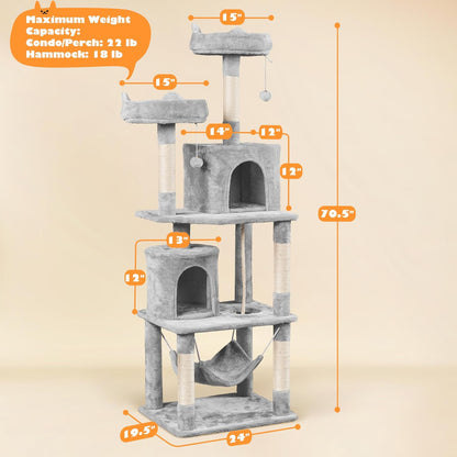 62.5inches Cat Tree Cat Tower Kitten Condo with Platform & Hammock, Scratching Posts for Kittens Pet Play House with Plush Perch for Indoor Activity Relaxing, Green
