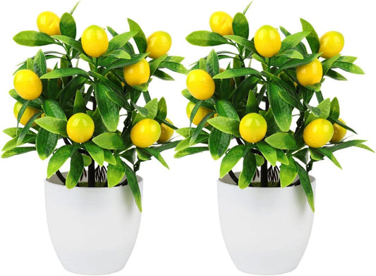 2 Pcs Artificial Lemon Tree Plant Decor, 9.45In Fake Green Pot Plants Flowers Ornaments Mini Potted Fruit Stems Decor in for Home Office Decorations, 3.78 x 9.45inch