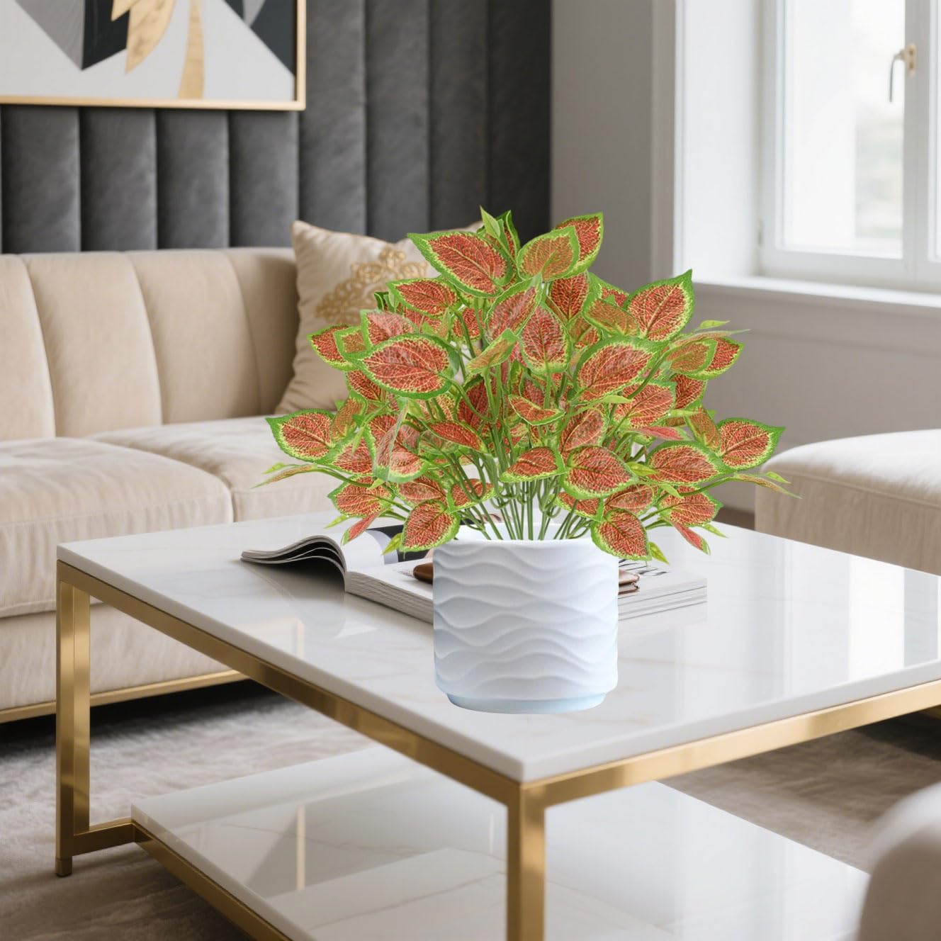 12PCS Artificial Tropical Leaves 13" Faux Monstera, Persian Caladium & Alocasia Plants Real Touch Greenery for Home Decor, DIY Centerpieces, Indoor Outdoor (12, Leaves-U)