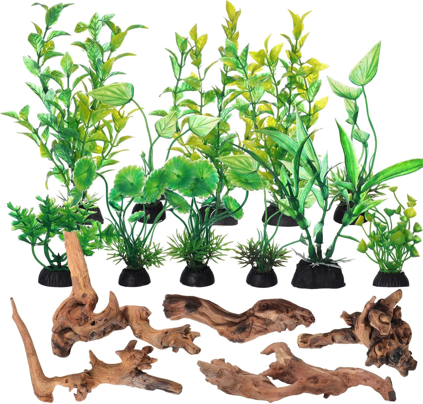 16 Pcs Aquarium Decor Fish Tank Decorations Include 6 Small Natural Coral Driftwood Spiderwood and 10 Green Plastic Plants for Reptile Terrarium Accessories Goldfish Tank Decor
