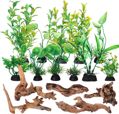 16 Pcs Aquarium Decor Fish Tank Decorations Include 6 Small Natural Coral Driftwood Spiderwood and 10 Green Plastic Plants for Reptile Terrarium Accessories Goldfish Tank Decor