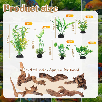 16 Pcs Aquarium Decor Fish Tank Decorations Include 6 Small Natural Coral Driftwood Spiderwood and 10 Green Plastic Plants for Reptile Terrarium Accessories Goldfish Tank Decor