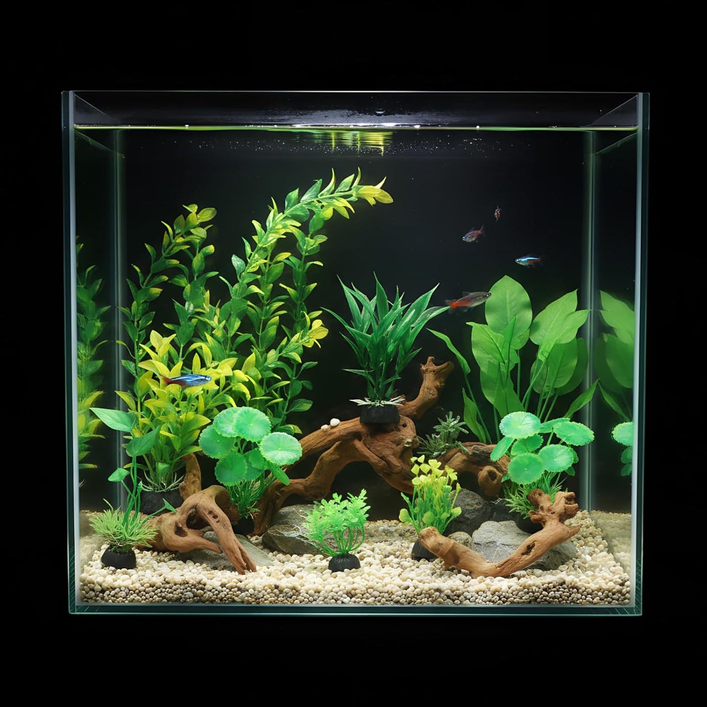 16 Pcs Aquarium Decor Fish Tank Decorations Include 6 Small Natural Coral Driftwood Spiderwood and 10 Green Plastic Plants for Reptile Terrarium Accessories Goldfish Tank Decor