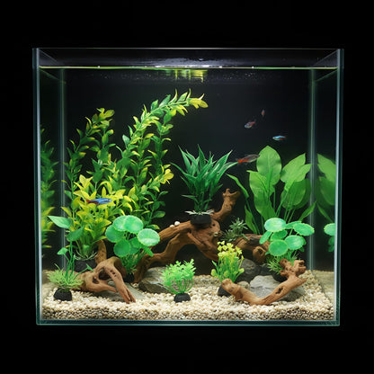 16 Pcs Aquarium Decor Fish Tank Decorations Include 6 Small Natural Coral Driftwood Spiderwood and 10 Green Plastic Plants for Reptile Terrarium Accessories Goldfish Tank Decor
