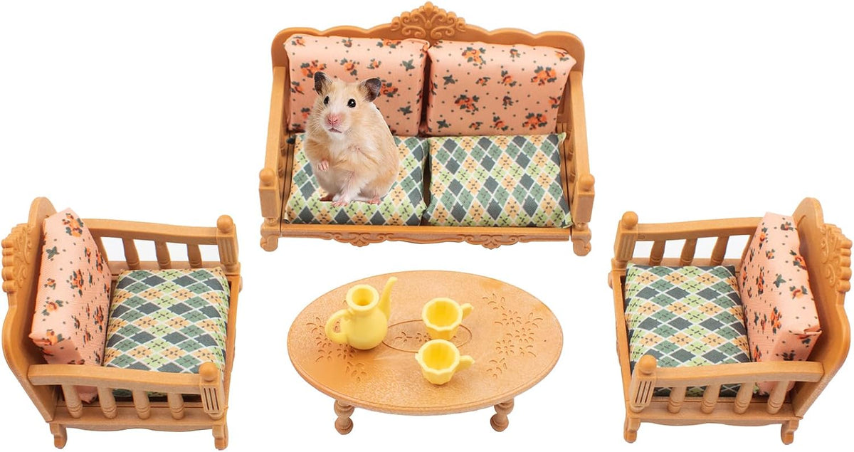 Hamster Mini Sofa Chair, Cage Decor Photo Toys, Fluffy Small Pet Furniture Including Couch and Teatable Tea Cups, Relax Habitat House Accessories