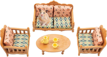 Hamster Mini Sofa Chair, Cage Decor Photo Toys, Fluffy Small Pet Furniture Including Couch and Teatable Tea Cups, Relax Habitat House Accessories