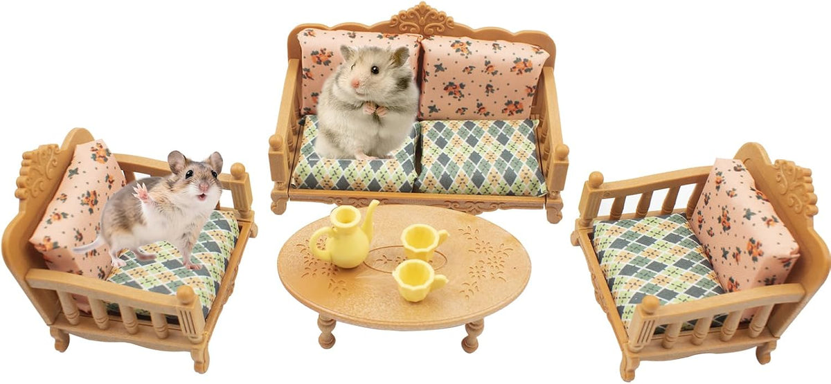 Hamster Mini Sofa Chair, Cage Decor Photo Toys, Fluffy Small Pet Furniture Including Couch and Teatable Tea Cups, Relax Habitat House Accessories