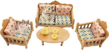 Hamster Mini Sofa Chair, Cage Decor Photo Toys, Fluffy Small Pet Furniture Including Couch and Teatable Tea Cups, Relax Habitat House Accessories