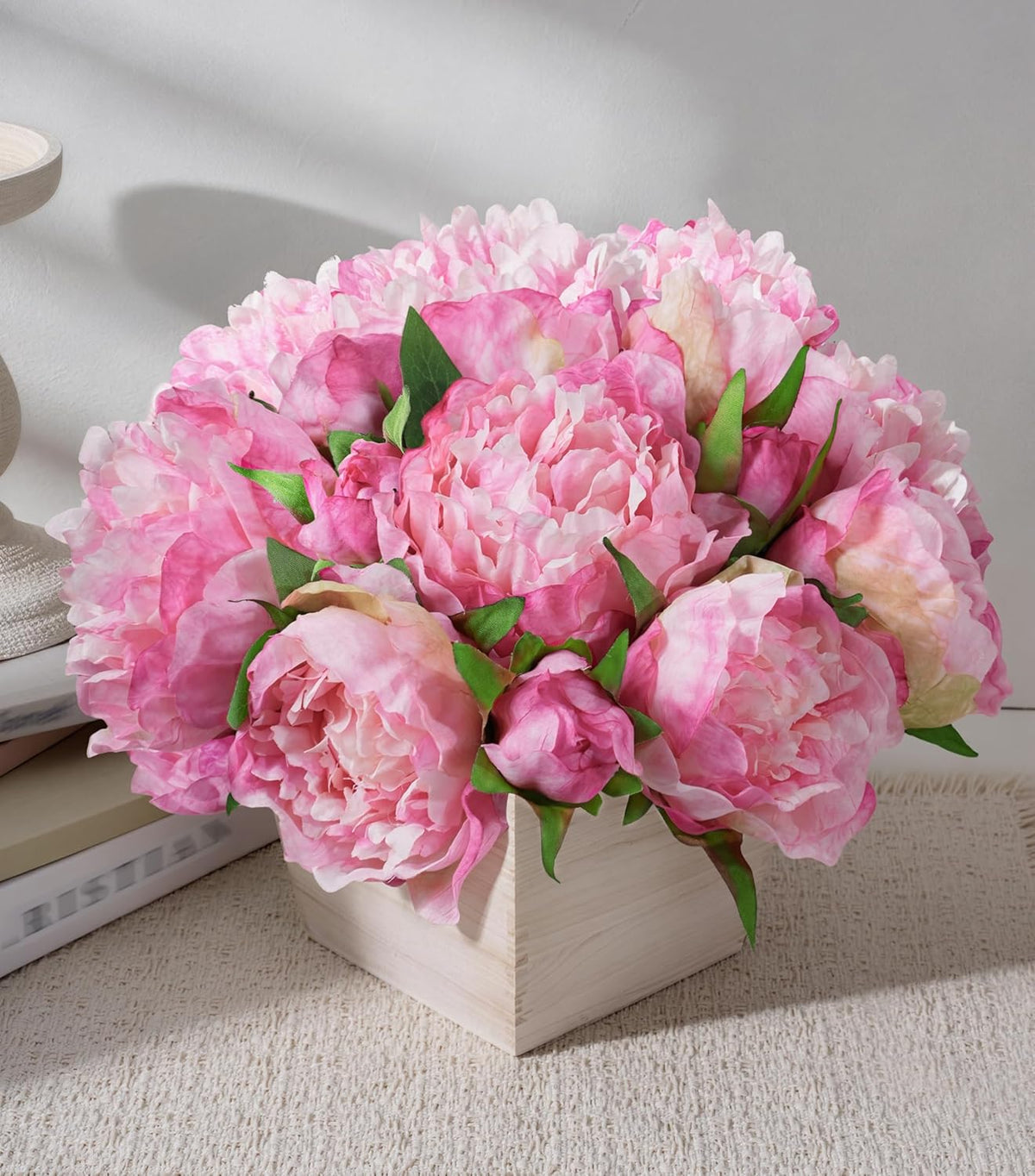 Artificial Hydrangea Flowers Arrangement in Wood Planter, 4PCS Fake Flowers in Wooden Vase Potted Floral Centerpieces for Tables Living Room Home Office Kitchen Decor (Pink Peony)