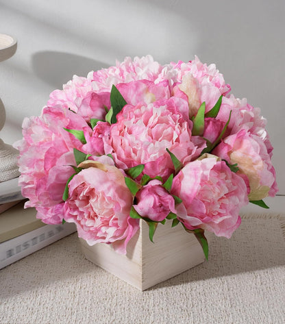 Artificial Hydrangea Flowers Arrangement in Wood Planter, 4PCS Fake Flowers in Wooden Vase Potted Floral Centerpieces for Tables Living Room Home Office Kitchen Decor (Pink Peony)