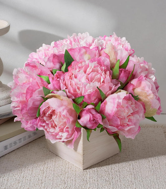 Artificial Hydrangea Flowers Arrangement in Wood Planter, 4PCS Fake Flowers in Wooden Vase Potted Floral Centerpieces for Tables Living Room Home Office Kitchen Decor (Pink Peony)