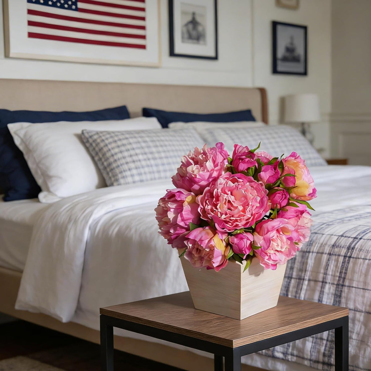 Artificial Hydrangea Flowers Arrangement in Wood Planter, 4PCS Fake Flowers in Wooden Vase Potted Floral Centerpieces for Tables Living Room Home Office Kitchen Decor (Pink Peony)