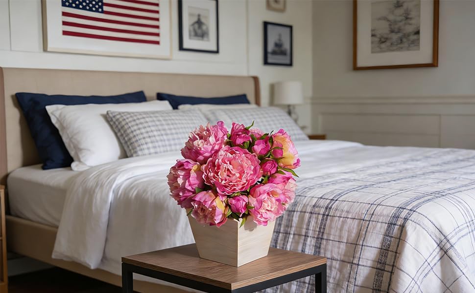 Artificial Hydrangea Flowers Arrangement in Wood Planter, 4PCS Fake Flowers in Wooden Vase Potted Floral Centerpieces for Tables Living Room Home Office Kitchen Decor (Pink Peony)