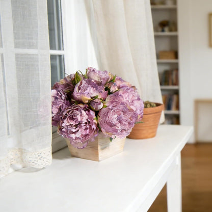 Artificial Hydrangea Flowers Arrangement in Wood Planter, 4PCS Fake Flowers in Wooden Vase Potted Floral Centerpieces for Tables Living Room Home Office Kitchen Decor (Pink Peony)