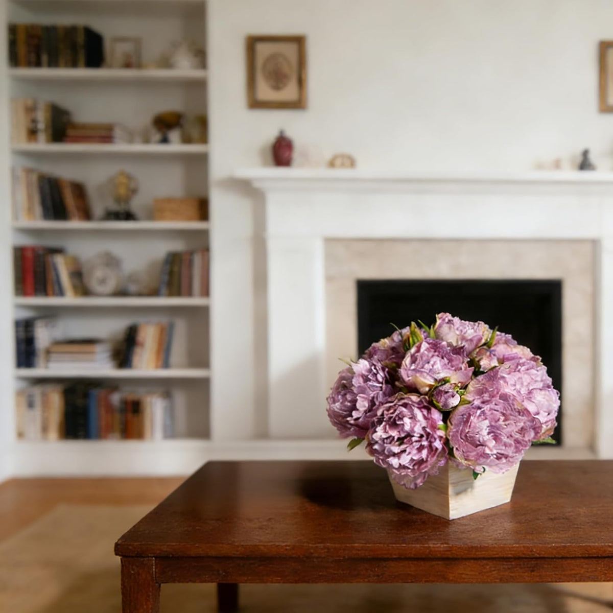Artificial Hydrangea Flowers Arrangement in Wood Planter, 4PCS Fake Flowers in Wooden Vase Potted Floral Centerpieces for Tables Living Room Home Office Kitchen Decor (Pink Peony)