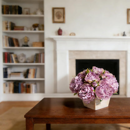 Artificial Hydrangea Flowers Arrangement in Wood Planter, 4PCS Fake Flowers in Wooden Vase Potted Floral Centerpieces for Tables Living Room Home Office Kitchen Decor (Pink Peony)