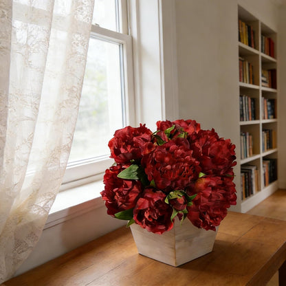 Artificial Hydrangea Flowers Arrangement in Wood Planter, 4PCS Fake Flowers in Wooden Vase Potted Floral Centerpieces for Tables Living Room Home Office Kitchen Decor (Pink Peony)