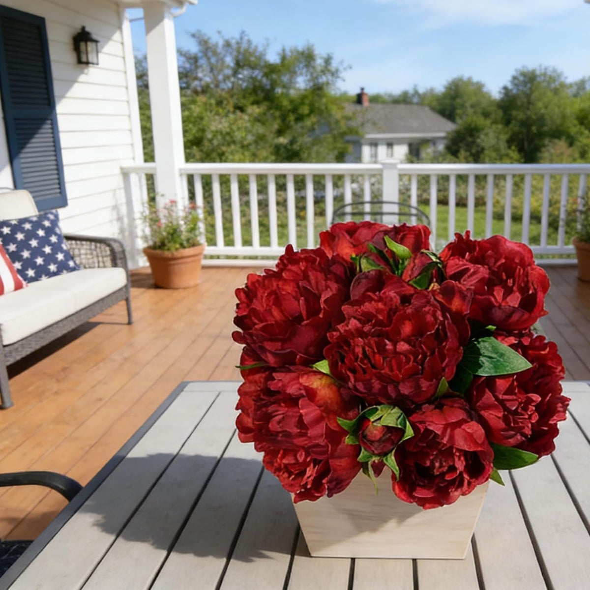 Artificial Hydrangea Flowers Arrangement in Wood Planter, 4PCS Fake Flowers in Wooden Vase Potted Floral Centerpieces for Tables Living Room Home Office Kitchen Decor (Pink Peony)