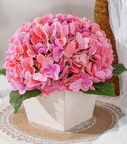 Artificial Hydrangea Flowers Arrangement in Wood Planter, 4PCS Fake Flowers in Wooden Vase Potted Floral Centerpieces for Tables Living Room Home Office Kitchen Decor (Pink Peony)
