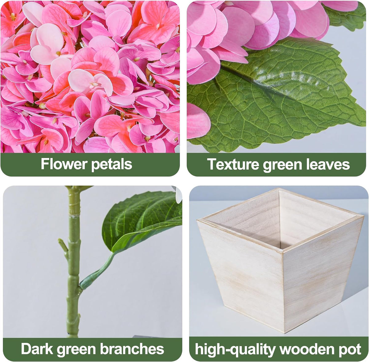 Artificial Hydrangea Flowers Arrangement in Wood Planter, 4PCS Fake Flowers in Wooden Vase Potted Floral Centerpieces for Tables Living Room Home Office Kitchen Decor (Pink Peony)
