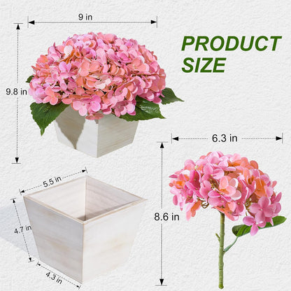 Artificial Hydrangea Flowers Arrangement in Wood Planter, 4PCS Fake Flowers in Wooden Vase Potted Floral Centerpieces for Tables Living Room Home Office Kitchen Decor (Pink Peony)